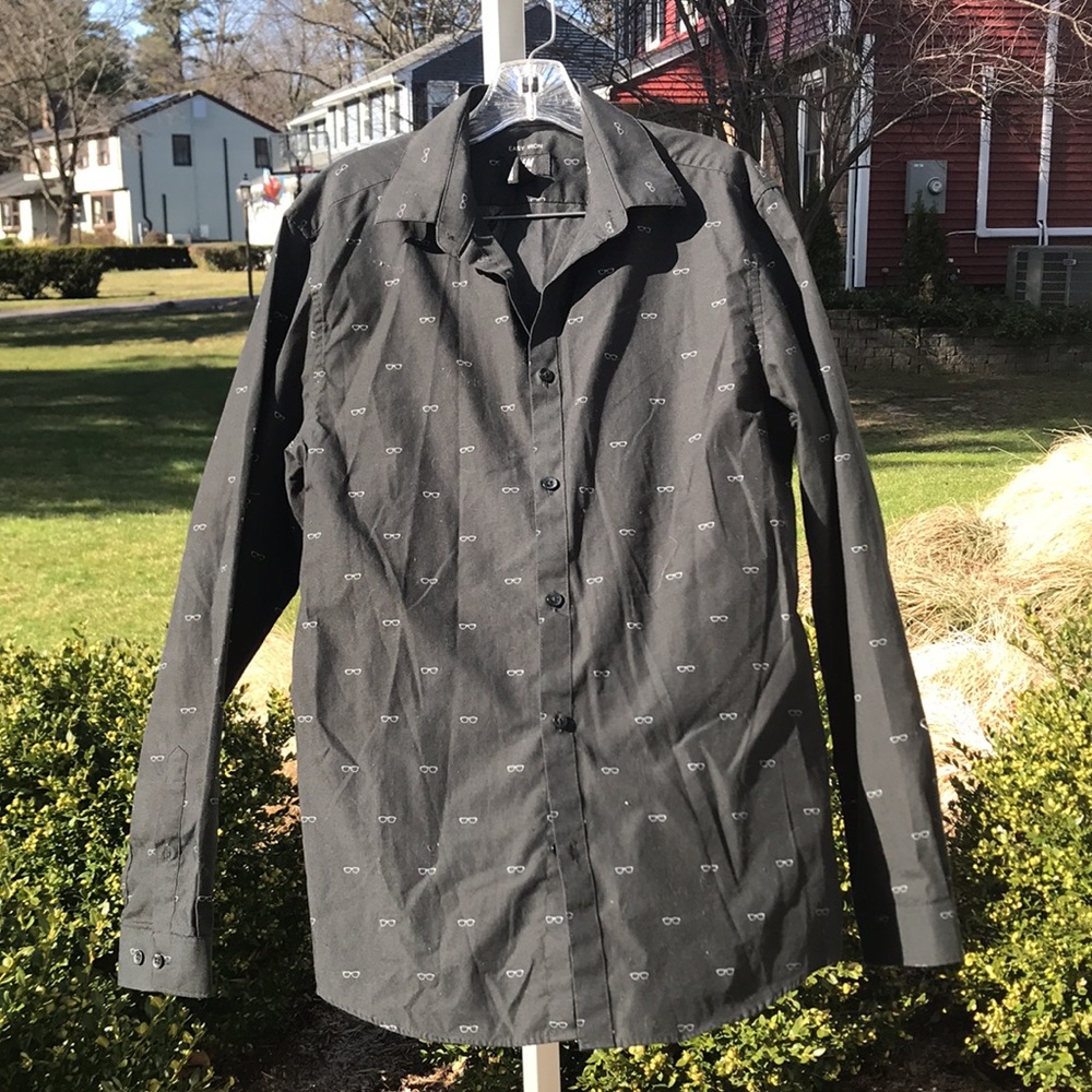 H&M Mens Long Sleeve Button Up Shirt, Black with Sunglass Print; Medium Slim Fit
